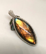 Load image into Gallery viewer, Handmade Wirewrapped Labradorite Pendant in .999 Sterling Silver
