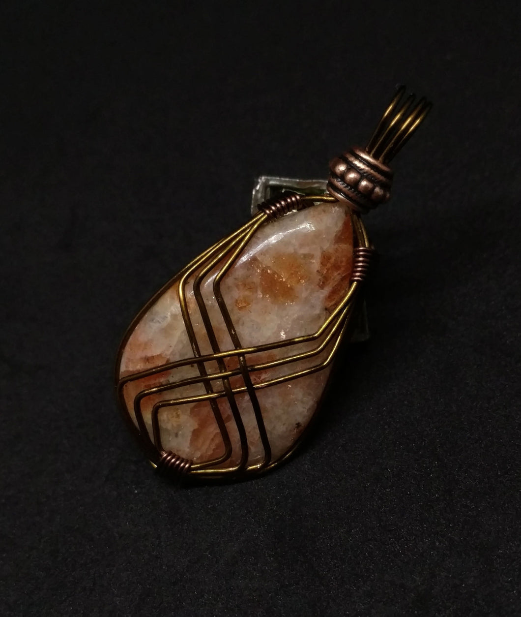 Sparkly India Sunstone in Quartz Pendant Wire Wrapped in Non Tarnish Copper and Bronze