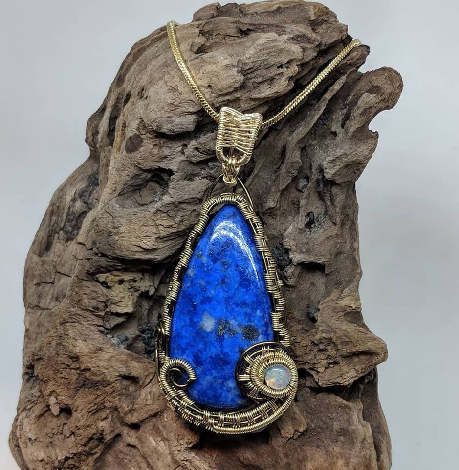 Handmade Wirewrapped Lapis and Welo Opal Pendant