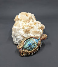 Load image into Gallery viewer, Carved Labradorite wire wrapped pendant with Welo Opal and Apatite
