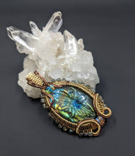 Load image into Gallery viewer, Carved Labradorite wire wrapped pendant with Welo Opal and Apatite
