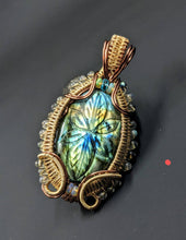 Load image into Gallery viewer, Carved Labradorite wire wrapped pendant with Welo Opal and Apatite
