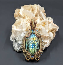 Load image into Gallery viewer, Carved Labradorite wire wrapped pendant with Welo Opal and Apatite
