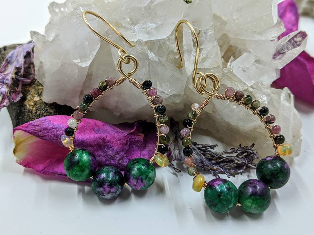 Watermelon Tourmaline and Ruby in Ziosite earrings