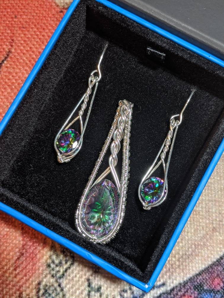 Sterling silver Mystic Topaz handmade Pendant and earrings set