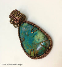 Load image into Gallery viewer, Handmade Wire Wrapped Chrysocolla Pendant in Antiqued Copper and Brass
