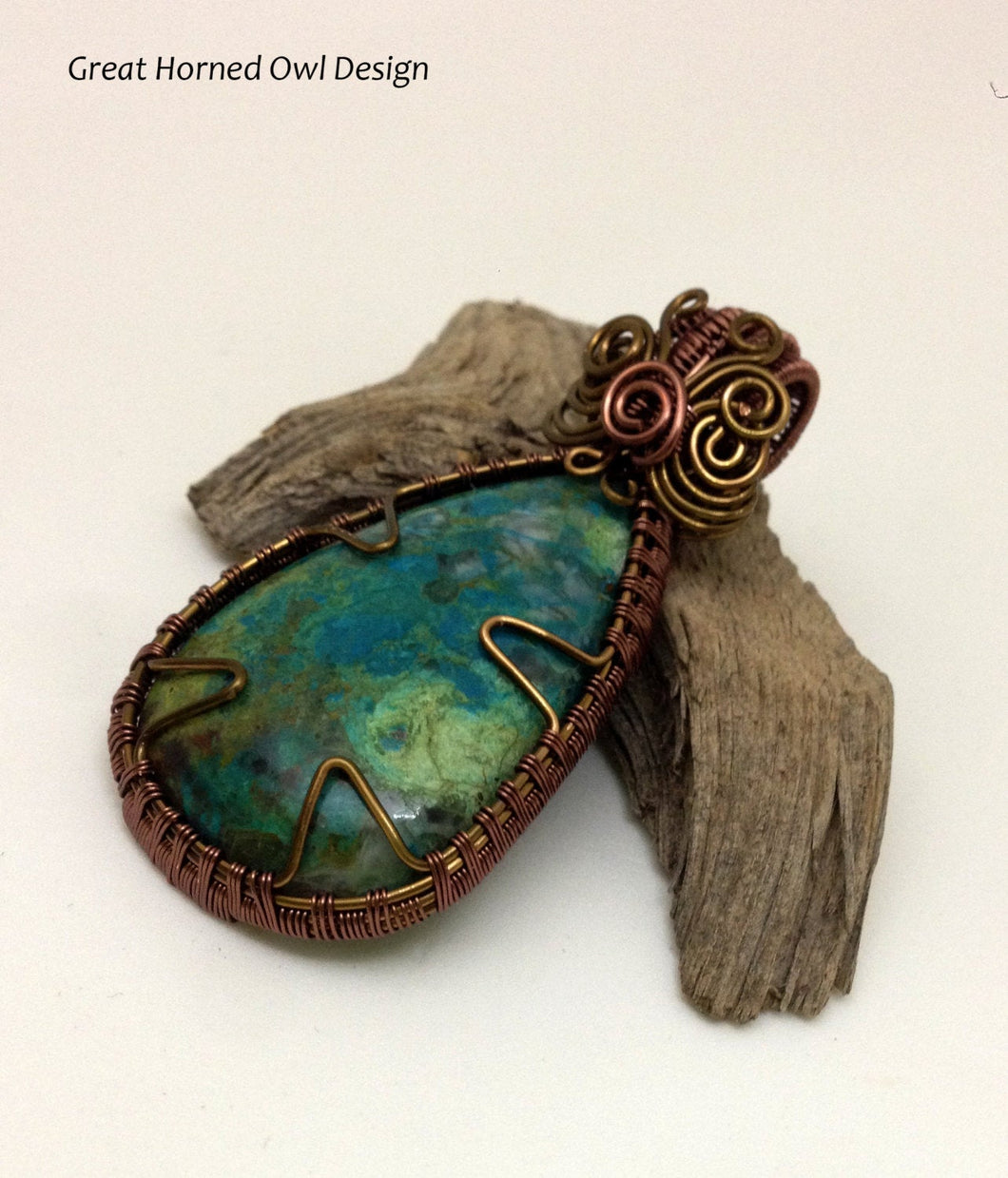 Handmade Wire Wrapped Chrysocolla Pendant in Antiqued Copper and Brass